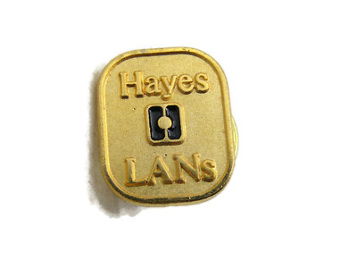 Vintage Hayes LANs Computer Modem Lapel Pin Gold Tone Metal Tech Logo Pinback