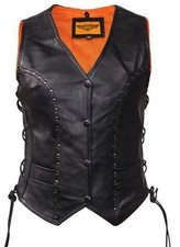 Women's Motorcycle Classic Biker Studed Lace Side Vest With 2 Gun Pockets Inside