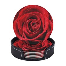 6 Pcs Leather Coasters for Drinks with Holder Blooming Red Roses Coaster Sets...