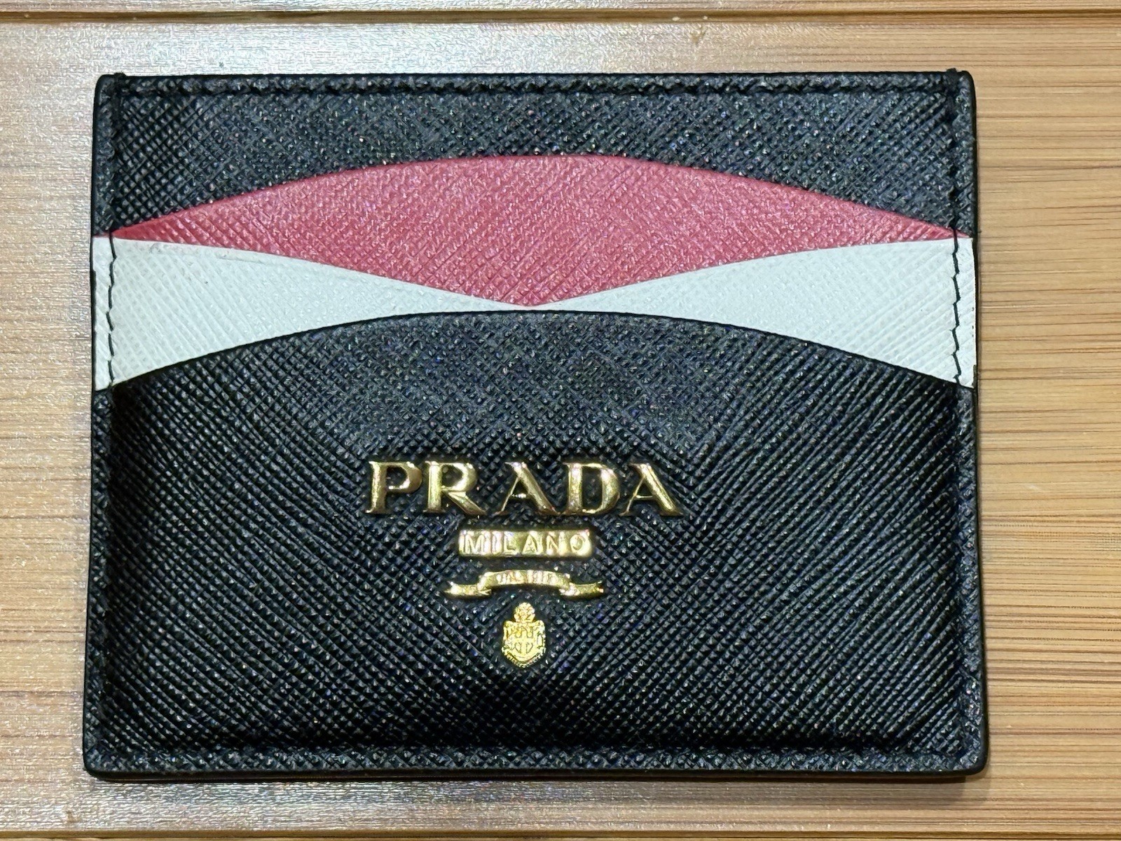 Prada Saffiano Leather Card Holder in Black & Pink Hibiscus-image