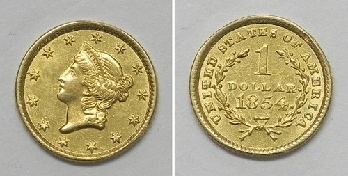 X7389  1854 Type 1 USA One $1 Liberty Gold Dollar Coin, AU details cleaned