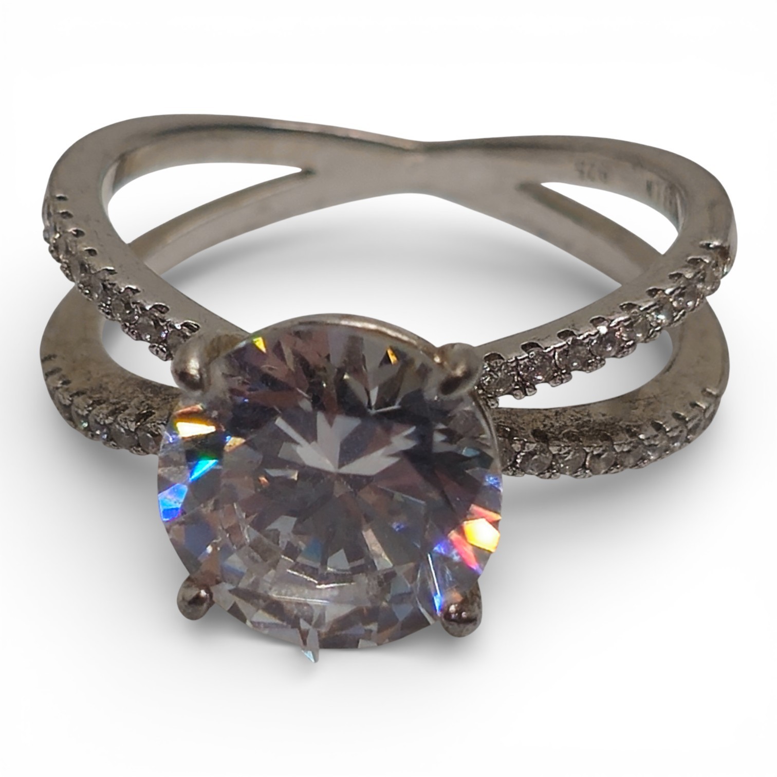 Sterling Silver 925 Large Clear Gem Split Shank R… - image 1