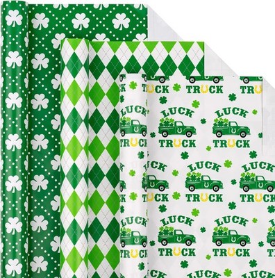 St. Patrick's Green Wrapping Paper Roll, Lucky Four-Leaf Clovers, Argyle Diamond