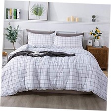 Grid Comforter 88x88 Inch , 3 Pieces 1 Plaid Comforter and 2 Queen White