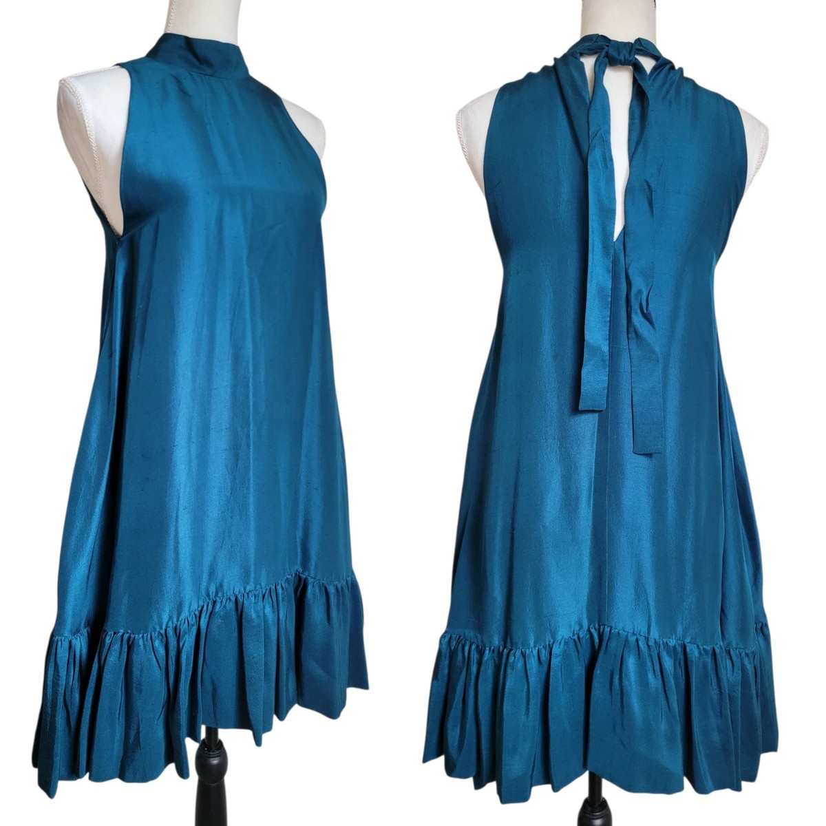 AZEEZA x Barneys New York Teal 100% Silk Halter Neck Ruffle Mini Dress  Small | eBay