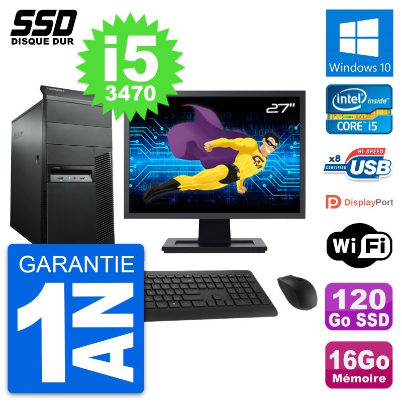 PC Tour Lenovo M92p Ecran 27" Intel i5-3470 RAM 16Go SSD 120Go Windows 10 Wifi