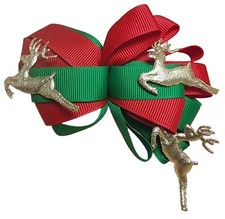 Vintage Christmas Reindeer Red Green Gold Hair Bow Ribbon Taiwan Clip Barrette