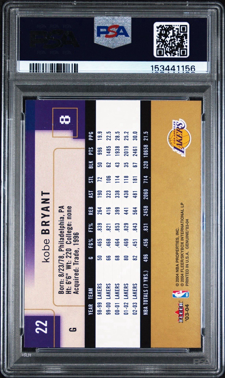 2003 Fleer Genuine Insider Kobe Bryant Lakers #22 PSA 9 view 2