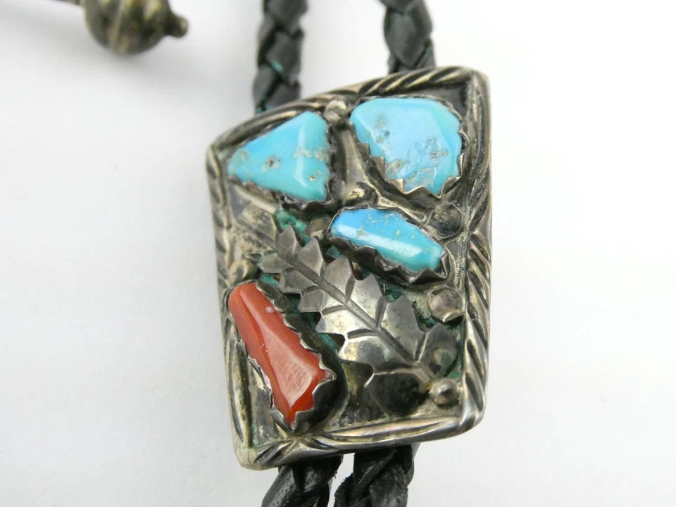 Corbata Fabian Cheama NA Zuni plata esterlina turquesa coral bolo 18 pulgadas de largo Foto 3 de 4