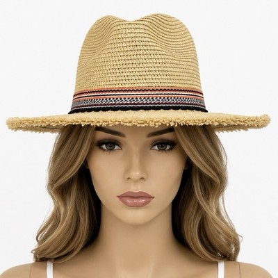 Art Class Natural Straw Fedora Hat Women Frayed Brim Boho Beach Sun Hat