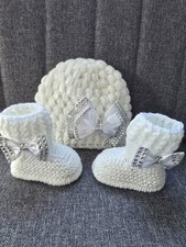 Handmade Crochet Knitted Baby Booties with Hat 0-3Months Baby Gift