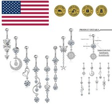 8 Pieces 14G Belly Button Rings Steel Long Dangle Navel Ring CZ Body Piercing...