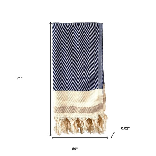 59" X 71" Blue and Beige Cotton Striped Throw Blanket with Tassels - Picture 7 of 7