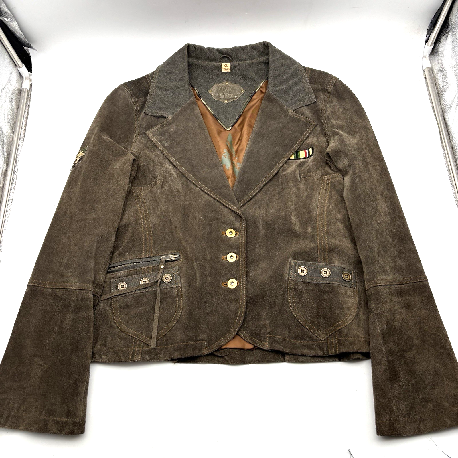 Vintage 90s Y2K Wilson Leather Brown Suede Military Insignia Cropped Jacket XL