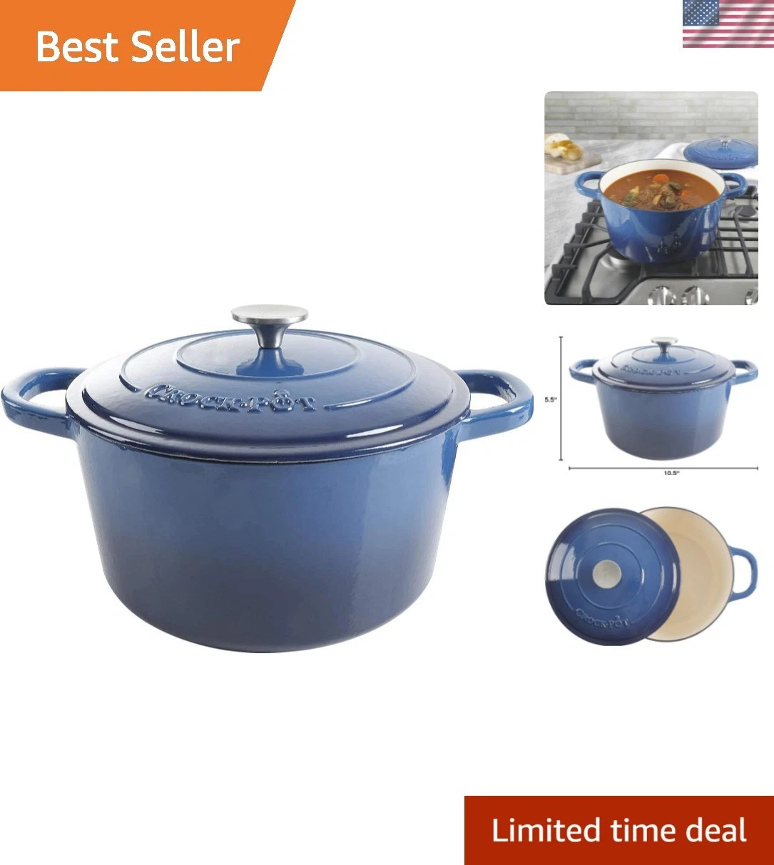 Artisan 7-Quart Round Enameled Cast Iron Dutch Oven – Sapphire Blue, Durable ...
