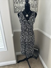 NEW Talbots Sleeveless Ruched Waist Midi Dress V Neck Paisley Black Ivory $98 S