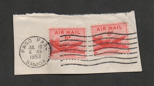 USA #C39, zwei Marken, auf Stück, entwertet mit Maschinenstempel Pago Pago, Samoa, 1953.