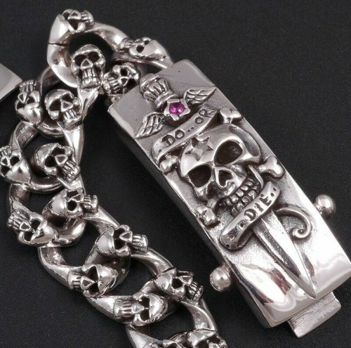 66g 10" DO OR DIE SKULL CURB 925 STERLING SILVER MENS ROCKER BIKER BRACELET PRE - 第 1/7 張圖片