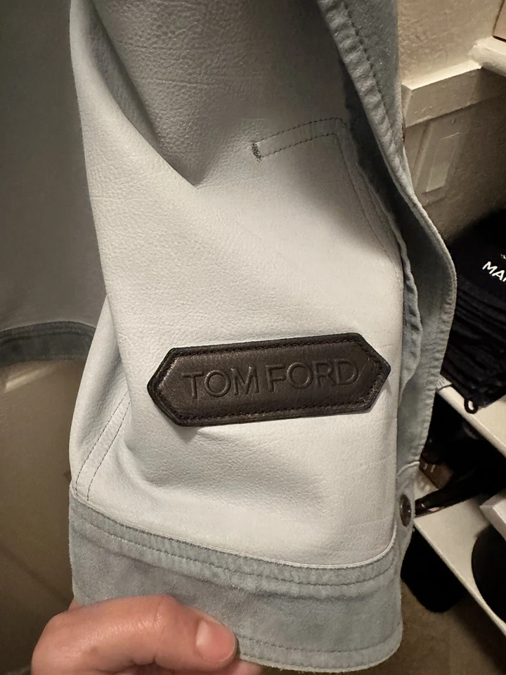 Abrigo Chaqueta Tom Ford Gris Gamuza Cuero Flecos Flecos Medio Western Runway Foto 3 de 4