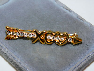 Vtg Monet Cupidus Pfeil Xo Liebe Küsse Umarmungen Herz Strass Gold Brosche 4c 79