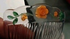 Vintage 2 Lucite Hair Side Combs Hand Painted Carved Floral Made In France