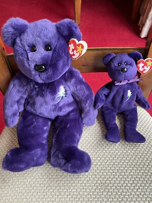 Rare Original Retired Ty Princess Diana Beanie Baby 1997 and Buddy 1998 Purple