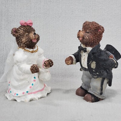 Vintage Teddy Bear Bride & Groom Wedding Cake Topper Handpainted Resin Figurines