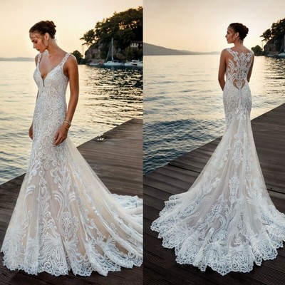 Light Champagne Beach Wedding Dresses Mermaid Bridal Gown Sleeveless Lace V Neck Ebay