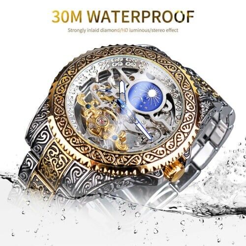 WINNER Men Automatic Watch Gold Skeleton Watches Luxury Mechanical Moon Phase - Picture 4 of 10