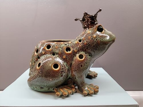 PARTYLITE Keramik Froschkönig mit goldener Krone Votivkerzenhalter 6" hoch P9742 - Bild 2 von 5