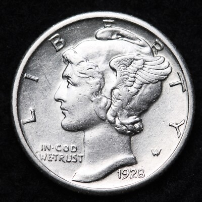 1928 Mercury Silver Dime Nice AU FREE SHIPPING