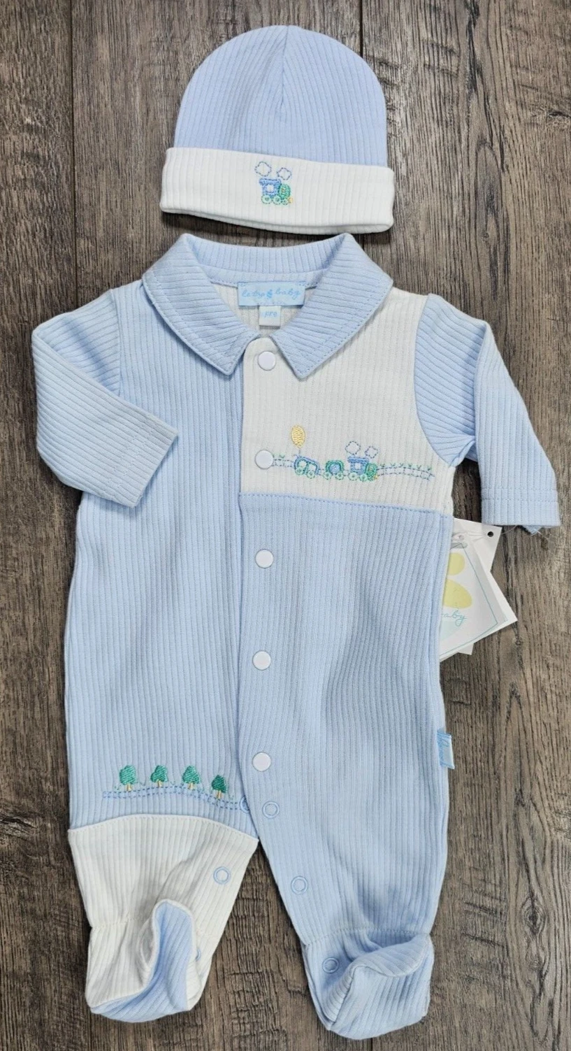 Baby Boy Clothes New Le Top Preemie 2pc Blue Train Footed Outfit & Hat