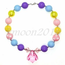 Fashion Women Pink Crystal Pendant Chunky Beads Kid Bubblegum Gumball Necklace