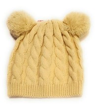 Girls Beige Acrylic Knit Hat with Pom Poms Kitty Cat Hat OSFM