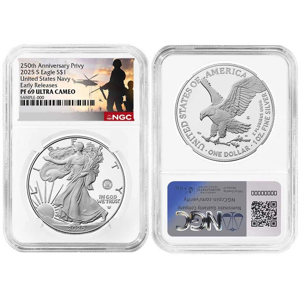 Preventa - Prueba 2025-S $1 American Silver Eagle Navy Privy NGC PF69UC ER Foto 3 de 3