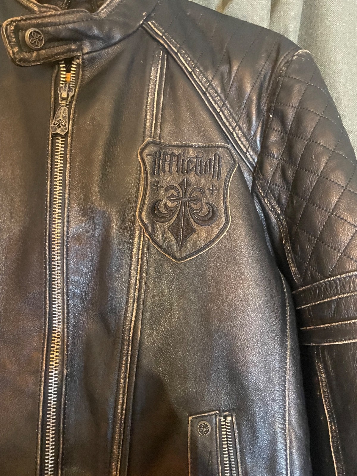 Limited Edition Affliction Black Premium Leather Cross Jacket L Weathered vtg - second product detail image