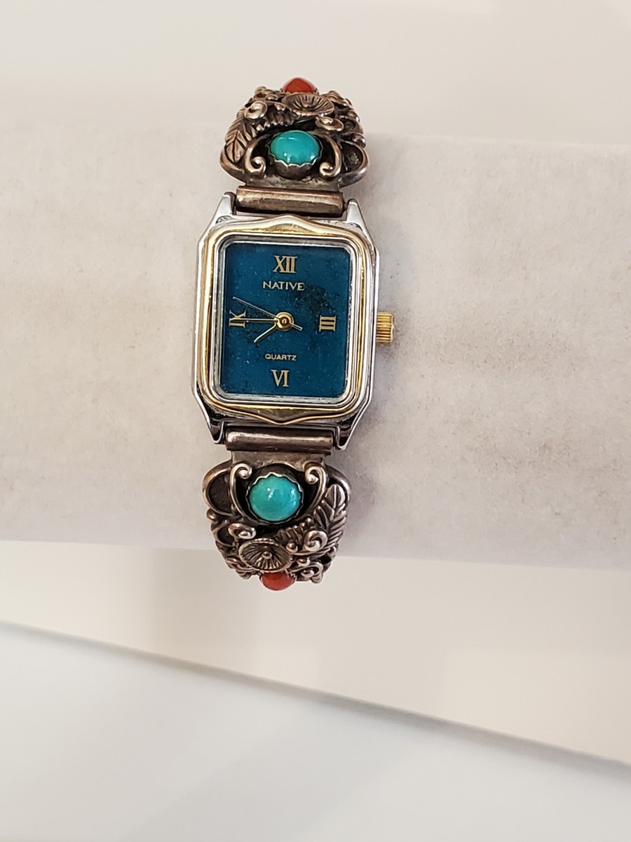 Vtg Native Ladies Watch Quartz 925 Tip Stainless Band Turquoise
