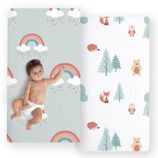 2 Pack 28x52 Fitted Crib Sheets, 100 Cotton, Woodland, Rainbows, Toddler Bed