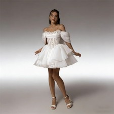 Off Shoulder Neckline Embroidery Short Sleeves A-Line Mini Chiffon Wedding Dress