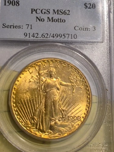 1908 No Motto   $20 St. Gaudens Gold  Double Eagle MS62  PCGS