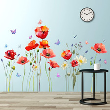 Red Poppy Flowers Wall Decals Daisy Floral Butterfly Wall Stickers DIY Removable