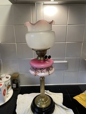 Victorian Oil Lamp With Painted Pink Font  And Pink Tipped Shade
