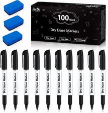 100 Bulk Pack Black Whiteboard Markers with 3 Erasers, Fine Point Dry Erase