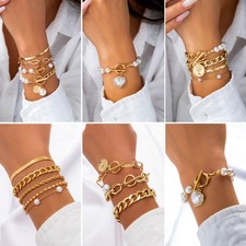 Jewelry Vintage Imitation Pearl Bracelet Set Simple Geometric Love Rhinestone