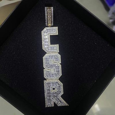 5AAA+ CZ Ice Out Hop Hip  Custom Baguette Vertical Square Letter Pendant Chain