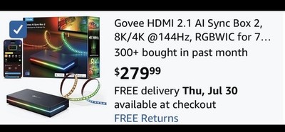 Govee HDMI 2.1 AI Sync Box 2, 8K/4K @144Hz, RGBWIC for 75-85 Inch TVs
