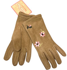 Womens Gloves Brown Polyester Fleece With Pink Flower Embroidery NWT