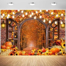 10x8ft Fall Backdrop Harvest Pumpkin Brick Wall Maple Photography Background