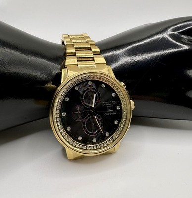 Citizen Eco-Drive Nighthawk Chronograph Watch Gold Black Face Crystal FB3002-61E
