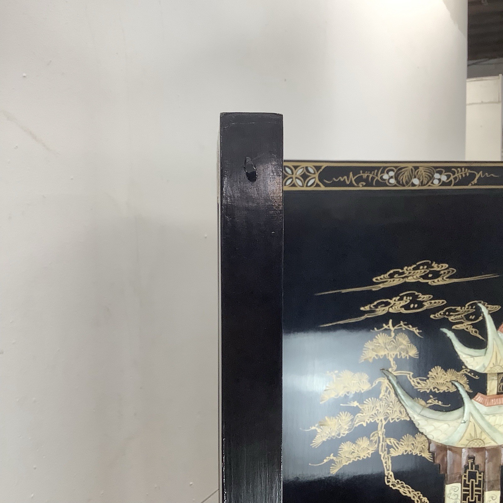 Vintage Black Lacquer Chinoiserie Folding Screen